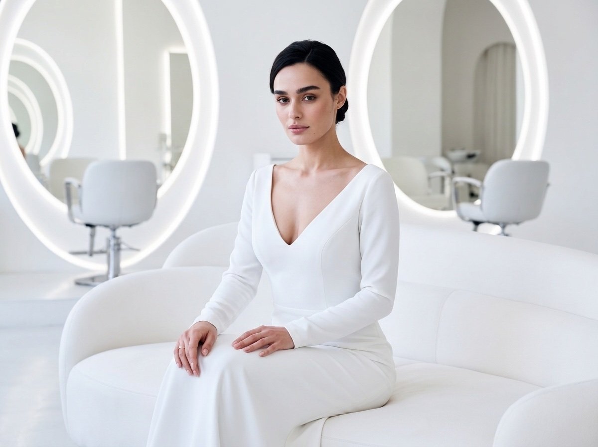 Novia con recogido bajo pulido y vestido blanco en un salón luminoso